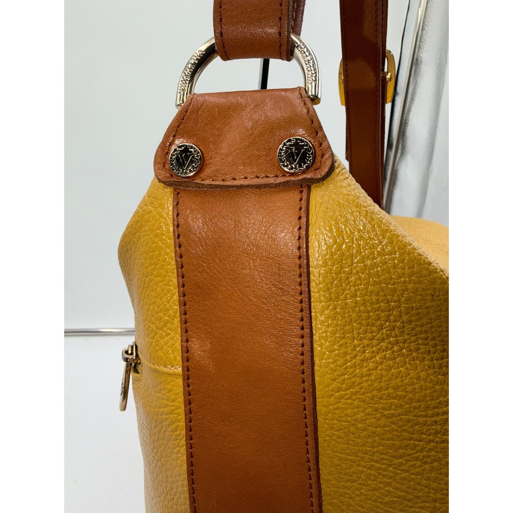 Valentina Italia Leather Shoulder Bag Mustard Yellow Cognac Brown Gold Hardware - Picture 6 of 16